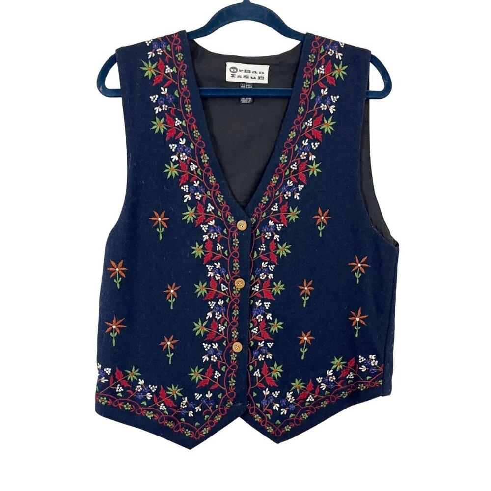 Vintage Navy‎ Wool Floral Embroidered Vest Boho Cottagecore - Size Large